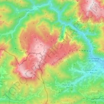 Topografische kaart Rax, hoogte, reliëf