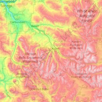 Topografische kaart Pitkin County, hoogte, reliëf