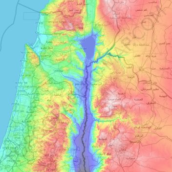 Topografische kaart River Jordan, hoogte, reliëf