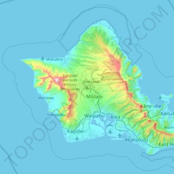 Topografische kaart Oʻahu, hoogte, reliëf