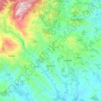 Topografische kaart Placanica, hoogte, reliëf