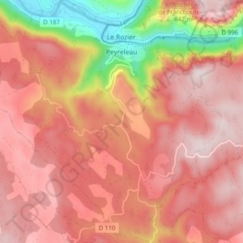Topografische kaart Peyreleau, hoogte, reliëf