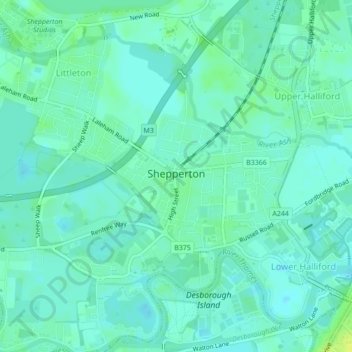 Topografische kaart Shepperton, hoogte, reliëf