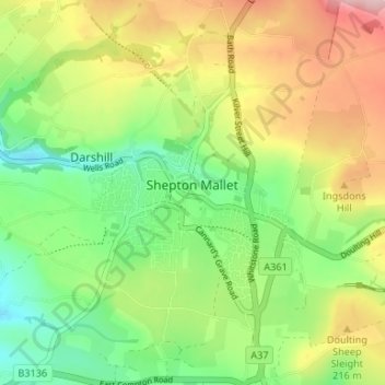 Topografische kaart Shepton Mallet, hoogte, reliëf