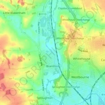 Topografische kaart Bramford, hoogte, reliëf