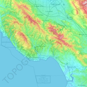 Topografische kaart Santa Cruz County, hoogte, reliëf