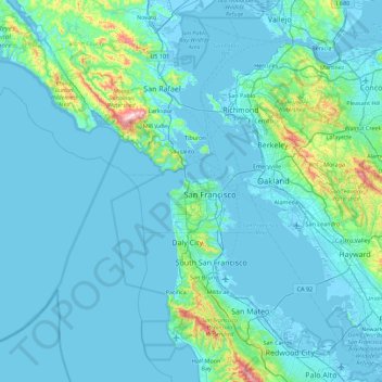 Topografische kaart San Francisco, hoogte, reliëf