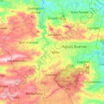 Topografische kaart Aguas Buenas, hoogte, reliëf