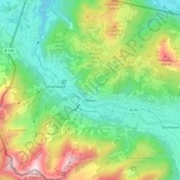 Topografische kaart Zöblen, hoogte, reliëf