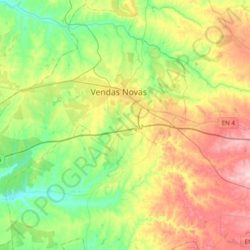 Topografische kaart Vendas Novas, hoogte, reliëf