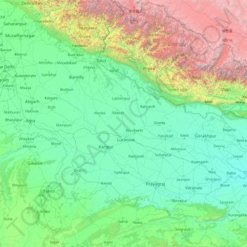Topografische kaart Uttar Pradesh, hoogte, reliëf