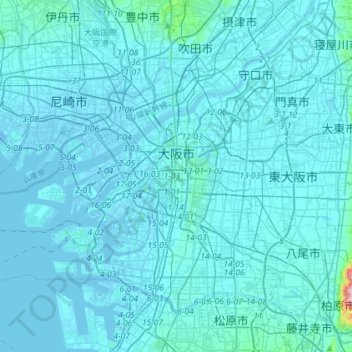 Topografische kaart 大阪市, hoogte, reliëf