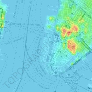 Topografische kaart Battery Park City, hoogte, reliëf