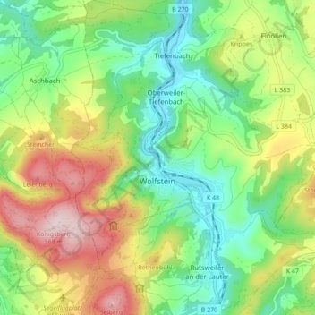 Topografische kaart Wolfstein, hoogte, reliëf