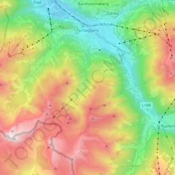 Topografische kaart Tschagguns, hoogte, reliëf