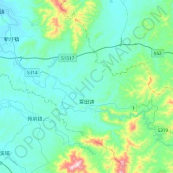 Topografische kaart 富田镇, hoogte, reliëf