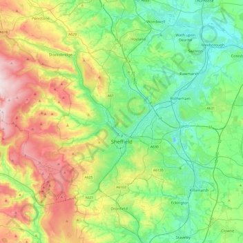 Topografische kaart Sheffield, hoogte, reliëf