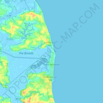 Topografische kaart Great Yarmouth, hoogte, reliëf
