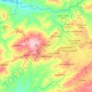 Topografische kaart Mediouna, hoogte, reliëf