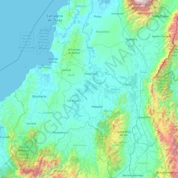 Topografische kaart Bolívar, hoogte, reliëf