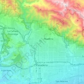 Topografische kaart Pasadena, hoogte, reliëf