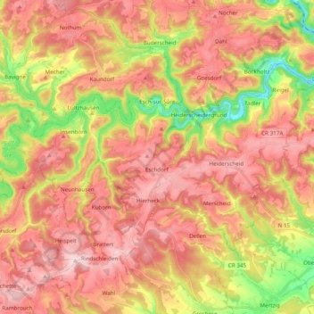 Topografische kaart Esch-sur-Sûre, hoogte, reliëf