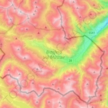 Topografische kaart Biosfera Val Müstair, hoogte, reliëf
