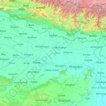 Topografische kaart Bihar, hoogte, reliëf