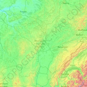 Topografische kaart Bourgondië-Franche-Comté, hoogte, reliëf