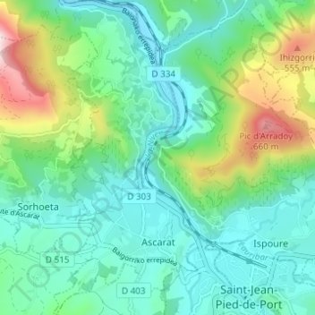Topografische kaart Ascarat, hoogte, reliëf