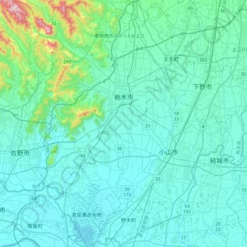 Topografische kaart 栃木市, hoogte, reliëf