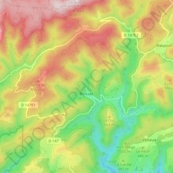 Topografische kaart Boisset, hoogte, reliëf