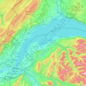 Topografische kaart Genfersee, hoogte, reliëf