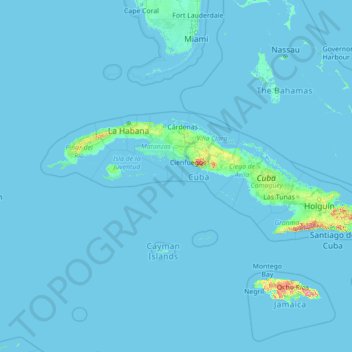 Topografische kaart Cuba, hoogte, reliëf
