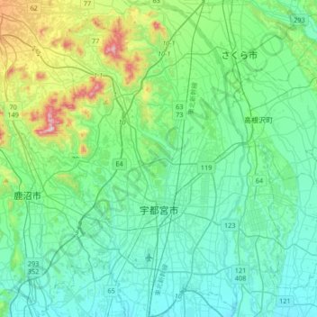 Topografische kaart 宇都宮市, hoogte, reliëf