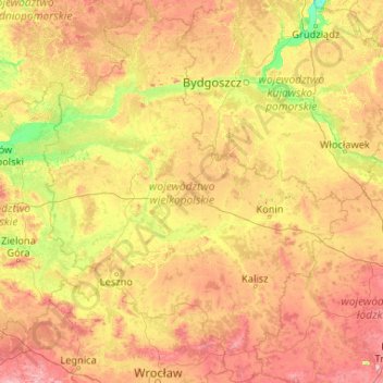 Topografische kaart Woiwodschap Groot-Polen, hoogte, reliëf