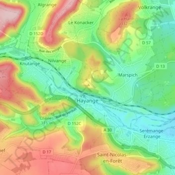 Topografische kaart Hayange, hoogte, reliëf