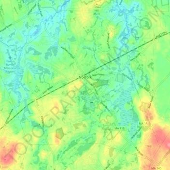 Topografische kaart Norfolk, hoogte, reliëf