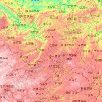 Topografische kaart 镇雄县, hoogte, reliëf