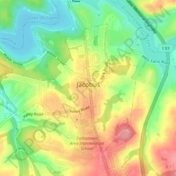 Topografische kaart Jacobus, hoogte, reliëf