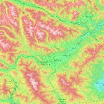 Topografische kaart Murtal, hoogte, reliëf