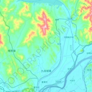 Topografische kaart 九连城镇, hoogte, reliëf