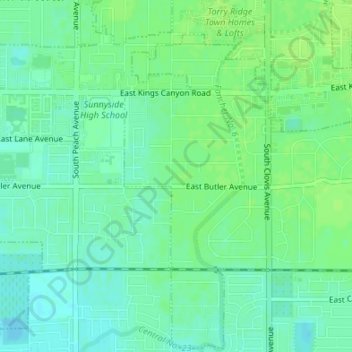 Topografische kaart Fresno, hoogte, reliëf
