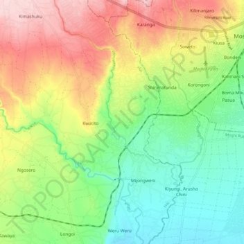 Topografische kaart Weruweru, hoogte, reliëf