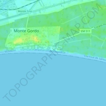 Topografische kaart Praia de Monte Gordo, hoogte, reliëf