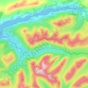 Topografische kaart Glen Coe, hoogte, reliëf
