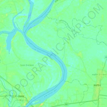 Topografische kaart মেঘনা নদী, hoogte, reliëf
