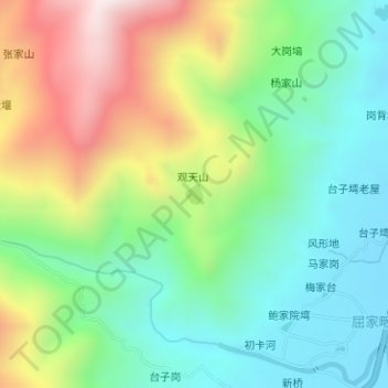 Topografische kaart 观天山水库, hoogte, reliëf