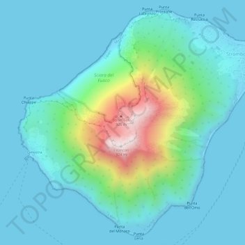 Topografische kaart Isola di Stromboli, hoogte, reliëf