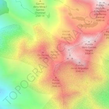 Topografische kaart Glaciar Rocoso Algas, hoogte, reliëf